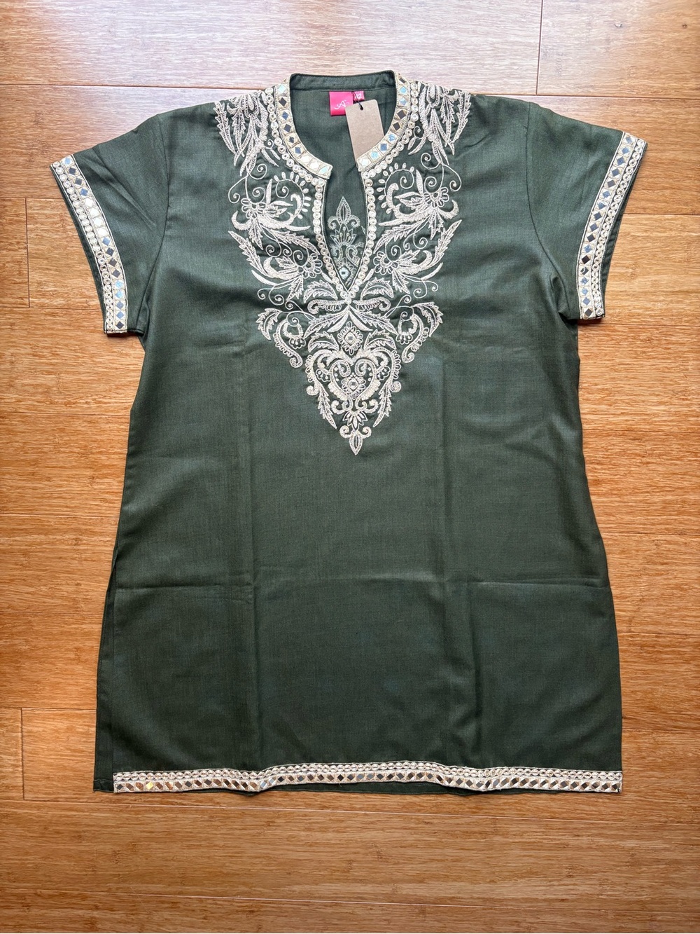 Embroidered Green Tunic with Ivory Detail